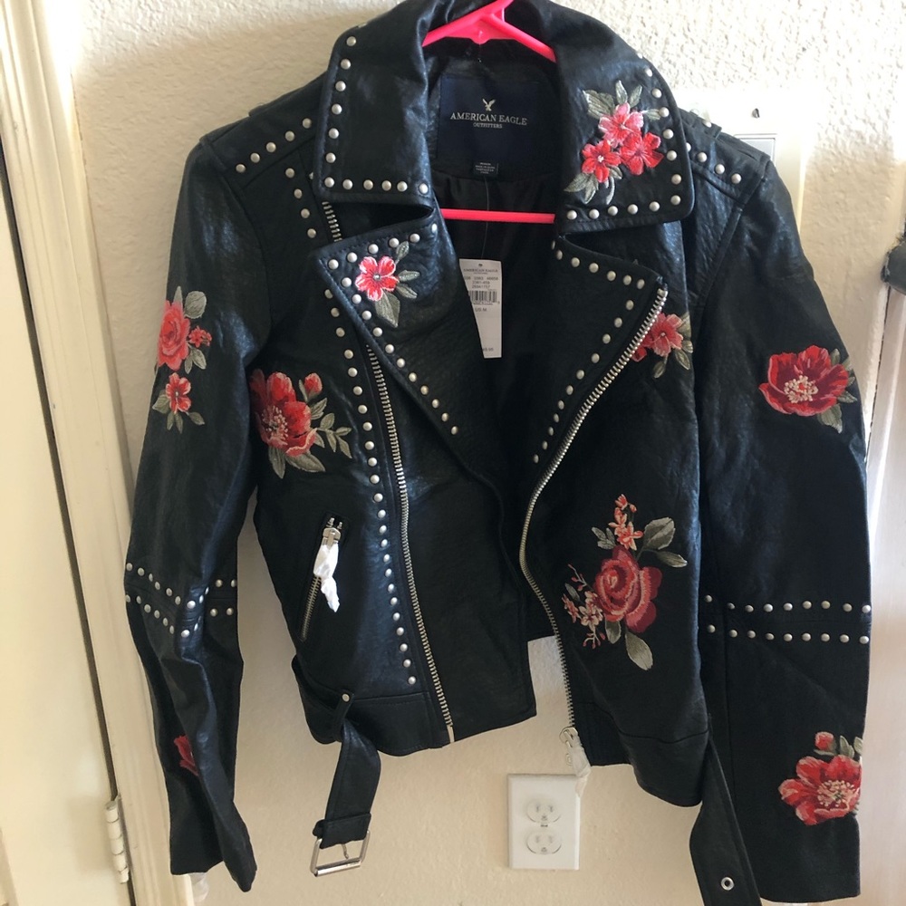 American Eagle Embroidered Floral Faux Moto Jacket